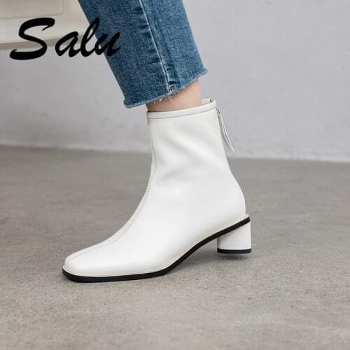 Salu Autumn Winter New Elegant Winter Warm Leather Women Ankle Boots Fashion Square Heels Basic Chelsea Boots Shoes Woman