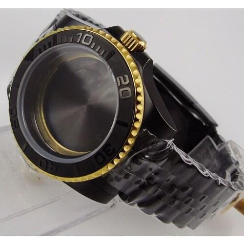 Black Plated Watch Case with Sapphire Glass without Magnifier Gold Coated Bezel + Jubilee Band Fit ETA 2836 MIYOTA Movement