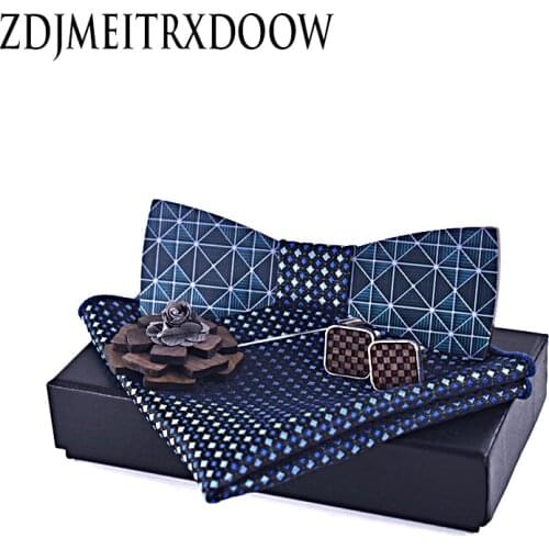 Wooden bow tie for Men Woven Party Wedding Red White Striped Self BowTie Pocket Square Set Bow Tie handkerchief cufflinks set