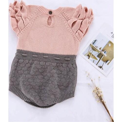 Lovely cozy ruffles lace short sleeve romper baby girls pink grey splice princess girls jumpsuit infant kids overalls children o