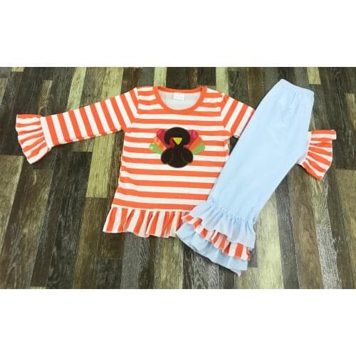 Childrens Fall/Winter Thanksgiving boys and girls hotsales orange stripe embroidered cute Turkey pantsuit