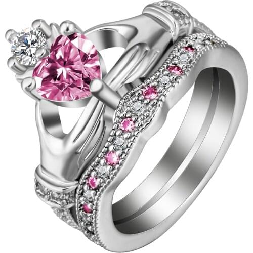 Hainon Trendy Claddagh Style Love Heart CZ Rings White & Red Crystal Knot Women Biker Gift Crown Wedding Engagement Ring Set