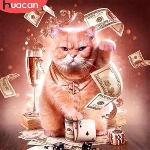 HUACAN 5D Diamond Painting Cat Money Craft Kit Full Square Round Drill Diamond Embroidery Animal Art Rhinestone Decor For Home