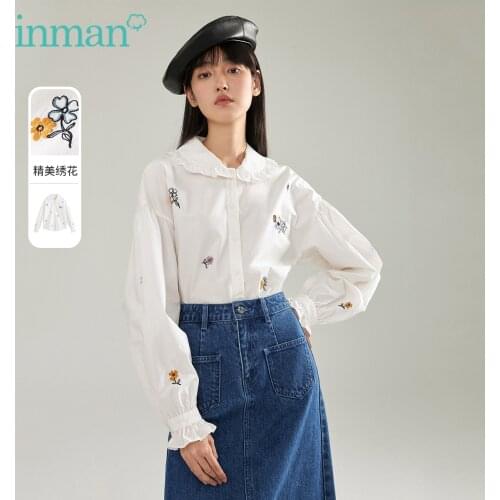 INMAN Autumn Spring Womens Blouse Kawaii Cute Lapel Fresh Solid Flowers Embroidery Long Sleeve Females Top