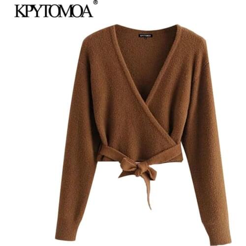 KPYTOMOA Women 2021 Fashion With Bow Tied Cropped Knitted Cardigan Sweater Vintage V Neck Long Sleeve Female Outerwear Chic Tops