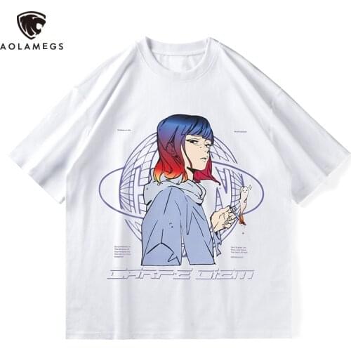 Aolamegs Anime Hit Color Hair Boy Print T-shirt Men Oversized Casual College Style Tee Shirts Summer Harajuku Fashion Streetwear