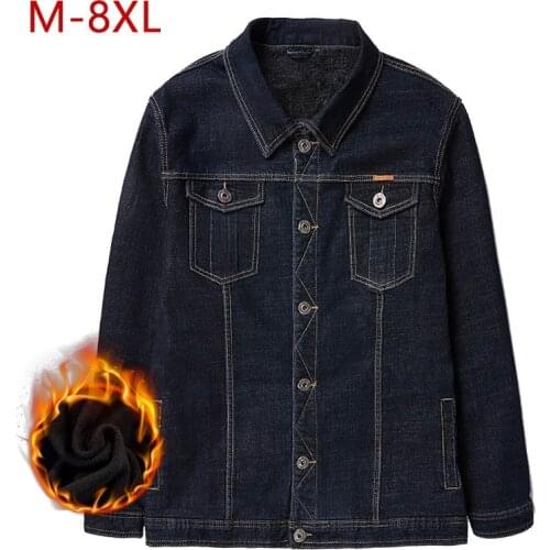 M-8XL Plus Size Denim Jacket Men Winter Warm Fleece Slim Fit Fashion Vintage Jeans Jacket Pocket Elastic Cotton Men Coat 3ZWJ11