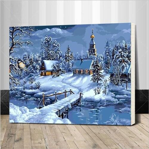 Christmas Snow Landscape DIY Painting By Numbers Handpainted Canvas Unique For Decoration Artwork Framed