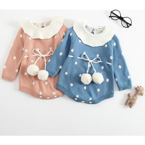 Autumn Winter Newborn Infant Girl Bodysuit Cotton Long Sleeve Sweater Knitte Cute Ruffles Pom Pom Bodysuit Baby Clothes Outfits