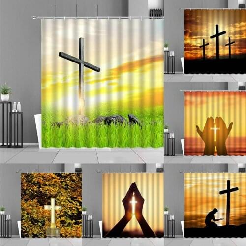 Easter Cross Shower Curtains Jesus Christ Faith Crosss Spring Landscape Bath Curtain Home Bathroom Wall Decor Waterproof Cloth