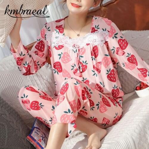 Pajamas for Women Spring/Autumn Sleepwear Long Sleeved Pants Pajama Set Cotton Viscose Homewear Loungewear Plus Size M L XL XXL