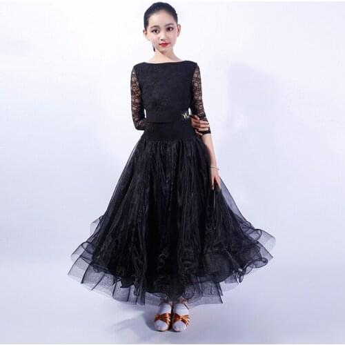 Blue Ballroom Dance Dresses Children Elegant Lace Sleeve Waltz Competition Dancing Skirt Girls Tango Ballroom Dance Dress