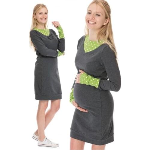 Maternity Lactation Dress Pregnant Breastfeeding Sweater Dress Nursing Suit-dress Spelling Color Long Sleeve Pregnancy Clothes