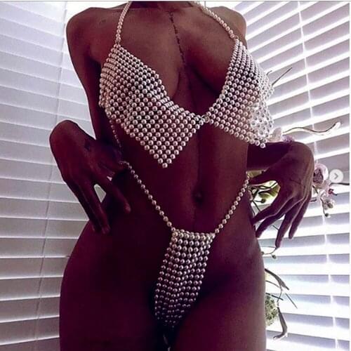 Sexy Bikini Imitation Pearls Belly Waist Chain Underwear Thong Panties Set Pearl Body Chain Bra Necklace Body Jewelry S1134