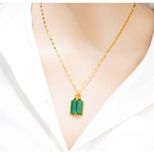 Vintage Green Rhinestone Pendants 24K Gold Inlay Necklaces for Women Link Chain Statement Necklace Wedding Jewelry wife Gifts