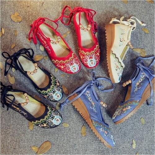 Exotic ethnic style embroidered cloth shoes Cotton Linen Performance dance shoes canvas cow tendon sole womens single shoes