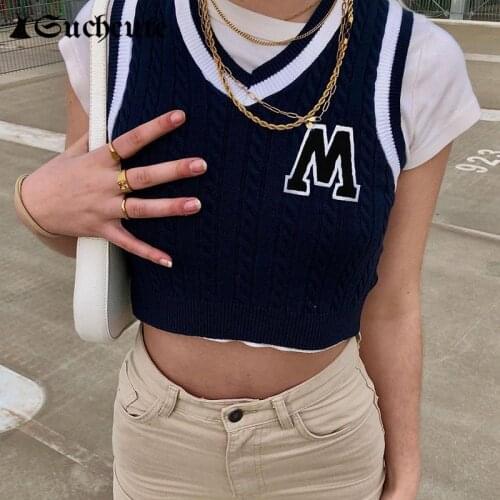 SUCHCUTE Letter Printed Y2K Knitted Cropped Tops V-Neck Summer Streetwear Skinny Sweater Vest Korean Preppy Style 90s Knitwear