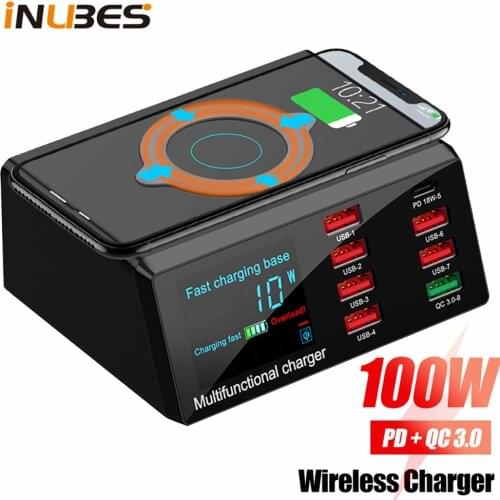 8 Ports Wireless USB Charger Dock 18W PD QC3.0 Fast Charger Station Hub Smart LED Display USB Charger for Samsung Huawei iPhone