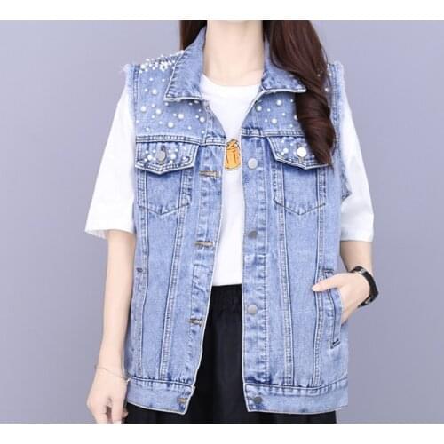 Vintage Pearl Short Denim Jacket Vest Women 2021Beading Loose Coat Long-Sleeve For Girl Casual Jean Jacket Bomber Oversized Coat