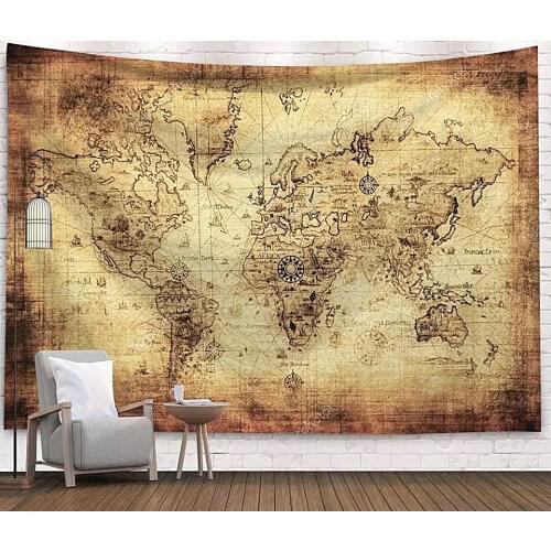 Ivory World Map Yellow Tapestry Vintage Exotic Summer Plant Nature Frame for Bedroom Photography Wall Decor