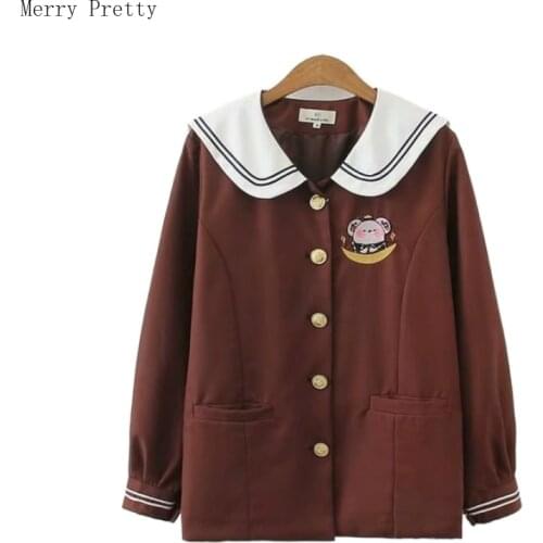 Women Cartoon Embroidery Jacket Peter Pan Collar Long Sleeve Pocket Coat 2020 Preppy Style Femme Single-breasted Jackets Outwear