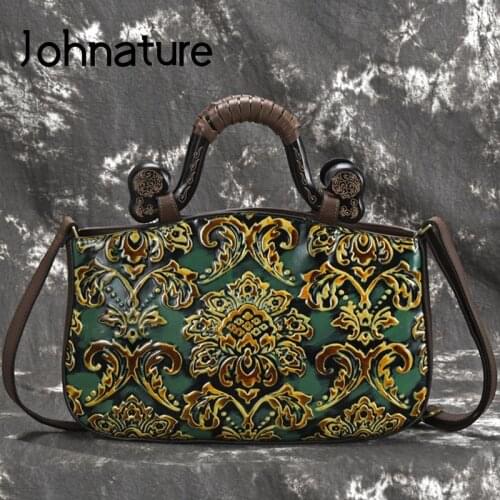 Johnature Vintage Embossing Bag Genuine Leather Women Handbag 2021 New Floral Casual Cowhide Shoulder & Crossbody Bags