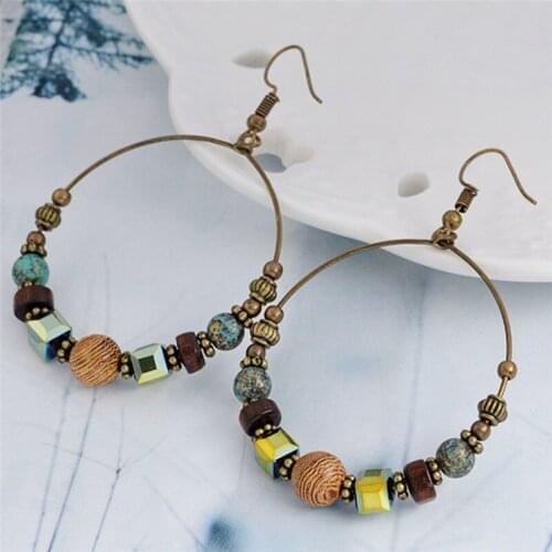 Women Fashion Big Circle Earing Women Hoop Earrings Party Wedding Brinco Bronze Color Bead Jewelry Bohemian Hoop Earrings
