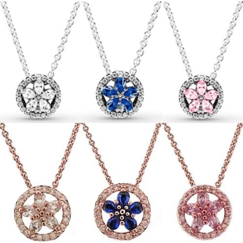 Rose Sparkling Snowflake Collier With Clear Pink & Blue Crystal 925 Sterling Silver Necklace For Pandora Bead Charm Diy Jewelry