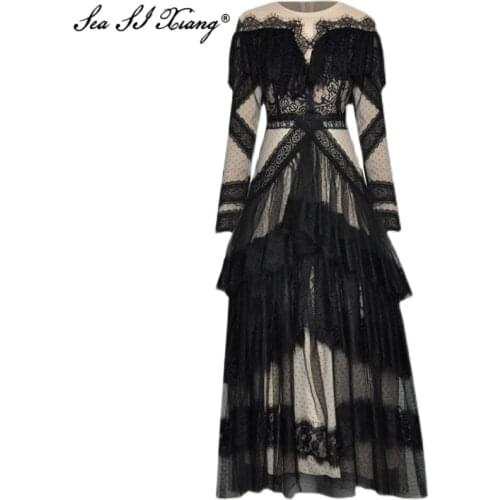 Seasixiang Fashion Designer Spring Mesh Dress Women O-Neck Long Sleeve Lace Patchwork Vintage Black Dresses