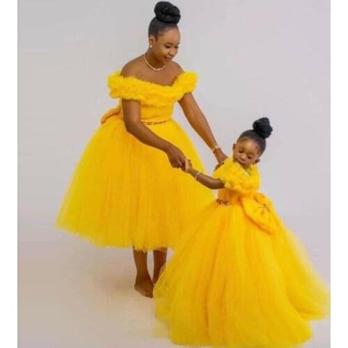 Yellow African Prom Dresses Off The Shoulder Ruffles Tea Length Women Party Dress Big Bow Evening Gowns Ony Sell Mother Dress