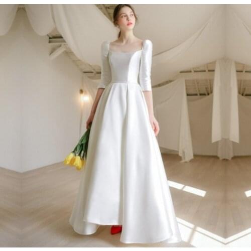 Simple A-Line Square Neck Satin Vintage Half Sleeve Backless Floor Length Wedding Gown Wedding Dress Bride robe de mariée