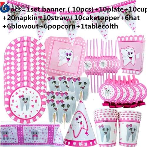 89pcs Pink Teeth Girls First Birthday Party First Teeth banner Plates cup popcorn hat Disposable Tableware Baby Shower Dec