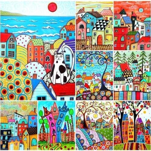 Full Round Drill DIY Diamond Creative 5D Embroidery Painting Colorful House Cross Stitch Picture Fairy Tale Wall Art Home Decor