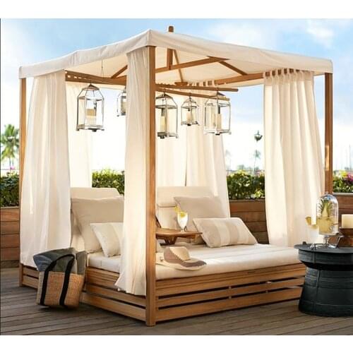 Pool outdoor garden teak daybed double chaise with canopy furniture
