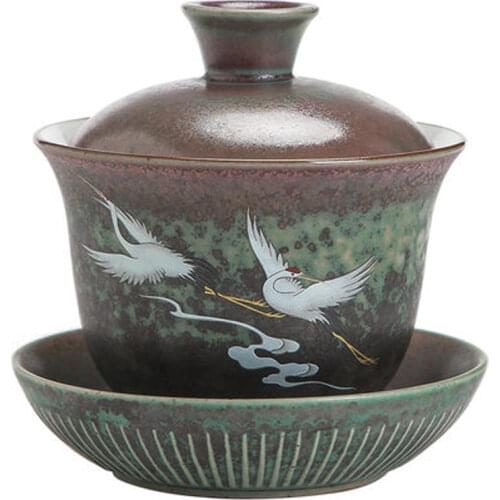Chinese Gaiwan Tea Set Kung Fu Anti-scald Ceramic Retro Tea Cover Bowl with Lid Sancai Hand Painted Crane Tea Cup Teaware