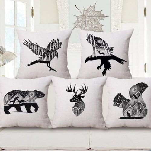 Decorative Cotton Linen Cushion Cover 45X45Cm Capa de Dlmofada Sofa Bedding Throw Pillow Case Creative Animal Ink Painting