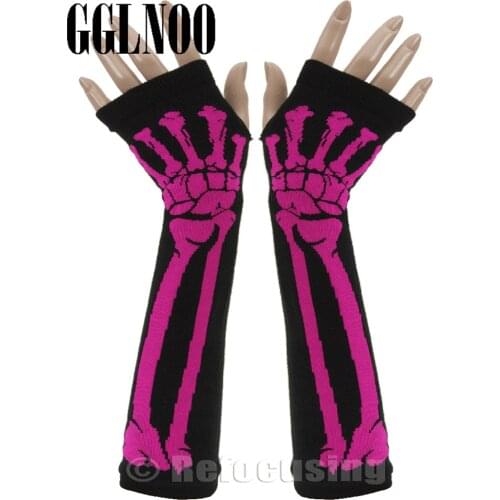 GGLNOO Harajuku Punk Style Black Skull Half Finger Long Glove Women Knit Length Sleeve Retro Gothic Fingerless Gloves Streetwear