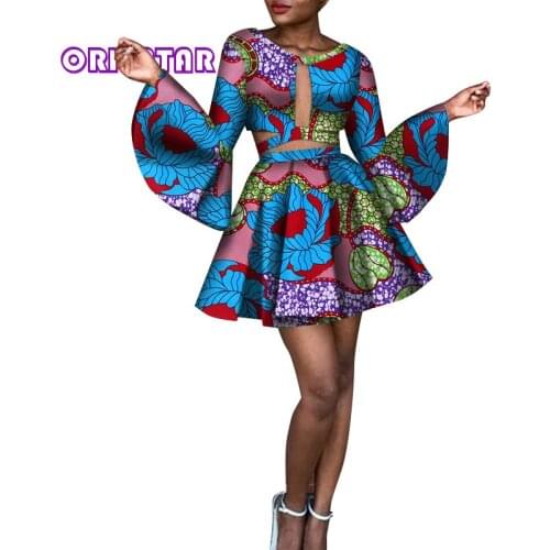 Summer Women African Print Top and Skirts 2 Pieces Set Women Fashion Flare Sleeve Crop Tops Mini Skirt African Clothing WY251