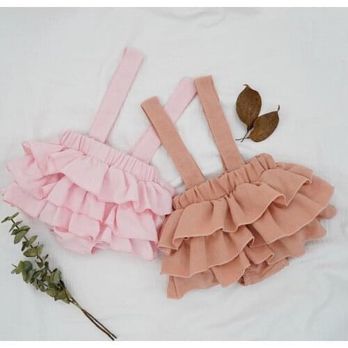 2020 New Baby Girls Linen Bloomers Shorts Fashion Toddlers Kids Pink Tutu Skirts Faldas Ruffle Straps Pants For Newborn Spodnica