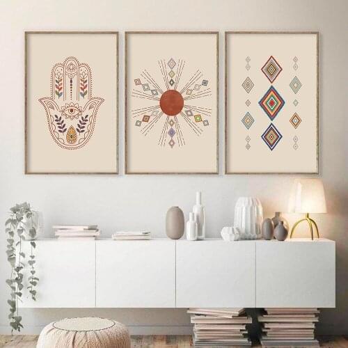 Moroccan Rug Art Painting Wall Pictures Sun Hamsa Hand Abstract Neutral Eclectic Canvas Art Prints Home Bohemia Poster Wall Deco