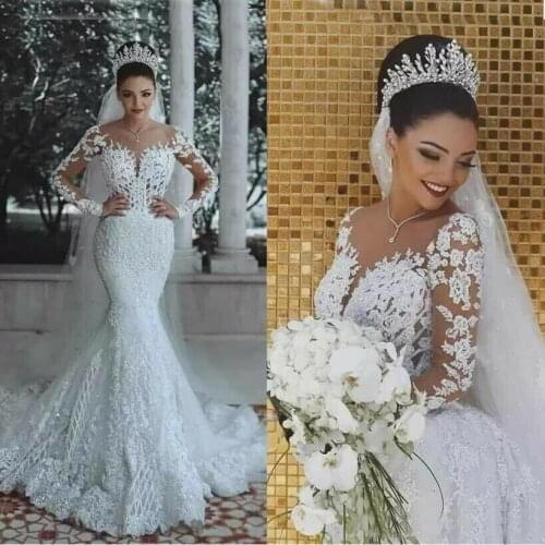 New 2021 Romantic Gorgeous Long Sleeve Mermaid Wedding Dresses Beading Lace Appliques Princess Bridal Gown Custom Made