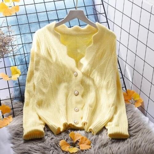 Yellow Women Knitted Cardigans Sweater Fashion Autumn Long Sleeve Loose Coat Casual Cloth Button Thick V Neck Solid Tops Clothes
