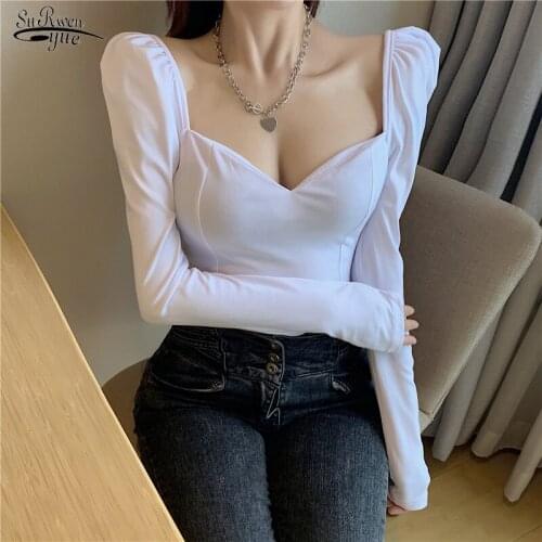 2021 Square Collar Short Sexy Top Spring Korean Office Lady White Blouse Shirt Women Vintage Puff Sleeve Black Shirt Blusa 12605