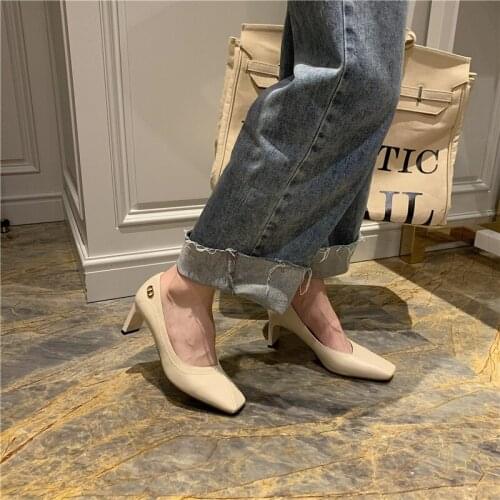 Fashion Women Office Pumps Square Toe Shallow Design Slip On Gladiator Thick High Heels Solid Color Sewing Design Work Pumps