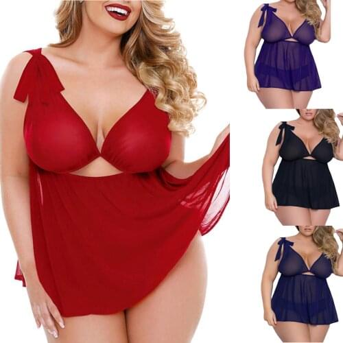 Womans Seductive Mesh See-through Sexy Lingerie Solid Color Backless Bow Sun-top Low-cut One-piece Dress 2020 Plus Size