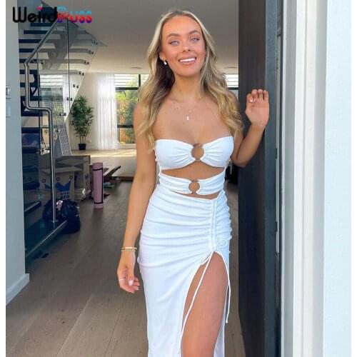 Weird Puss Drawstring Strapless Sundress Side Split Skinny Stretchy Maxi Dress Hollow Out Elegant Bodycon Chic Trend Activewear
