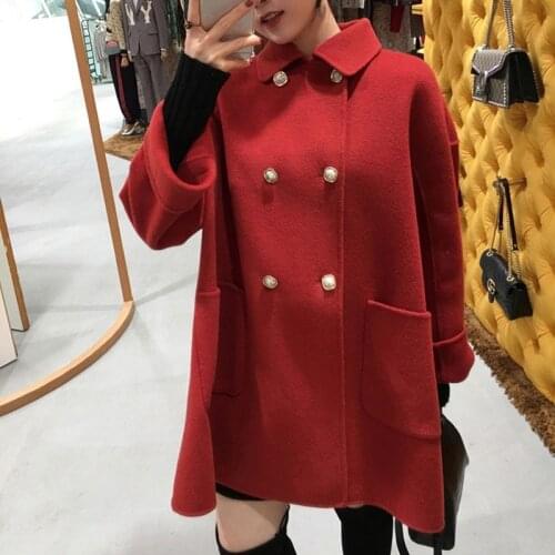 Net red goddess models 2019spring womens new Hepburn style popular Medium length double-breasted solid color woolen coat female
