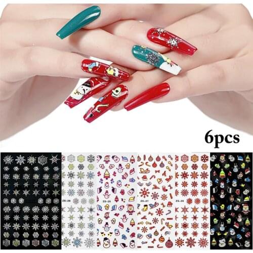 6 Sheets Christmas Nail Decals Snowflake Xmas Nail Stickers Cute Cartoon Nail Stickers Xmas Manicure Decals for Xmas Party