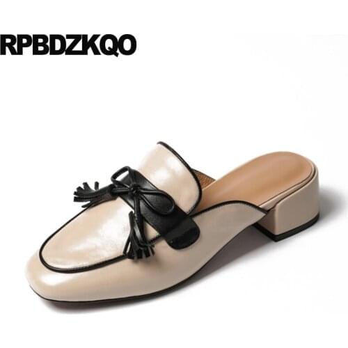 Beige Pumps Cute Slippers Bowtie Women Shoes 2021 Spring Mules Nude Bow Low Heel Slip On Kawaii Slides Bridesmaid Sandals Block