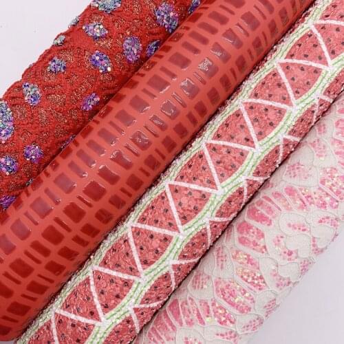 Red Diamond Glitter leather, Mesh Glitter Faux Leather, Watermeleon Printed Synthetic For Bow A4 21x29CM Twinkling Ming KM153A